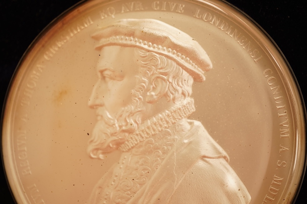 Victoria medals, Opening of the New Royal Exchange, 1844, a rare silver medal by W. Wyon, bust of Thomas Gresham left, rev. statue of Victoria in front of elevation of the Exchange, 73mm, BHM 2185, each side under convex